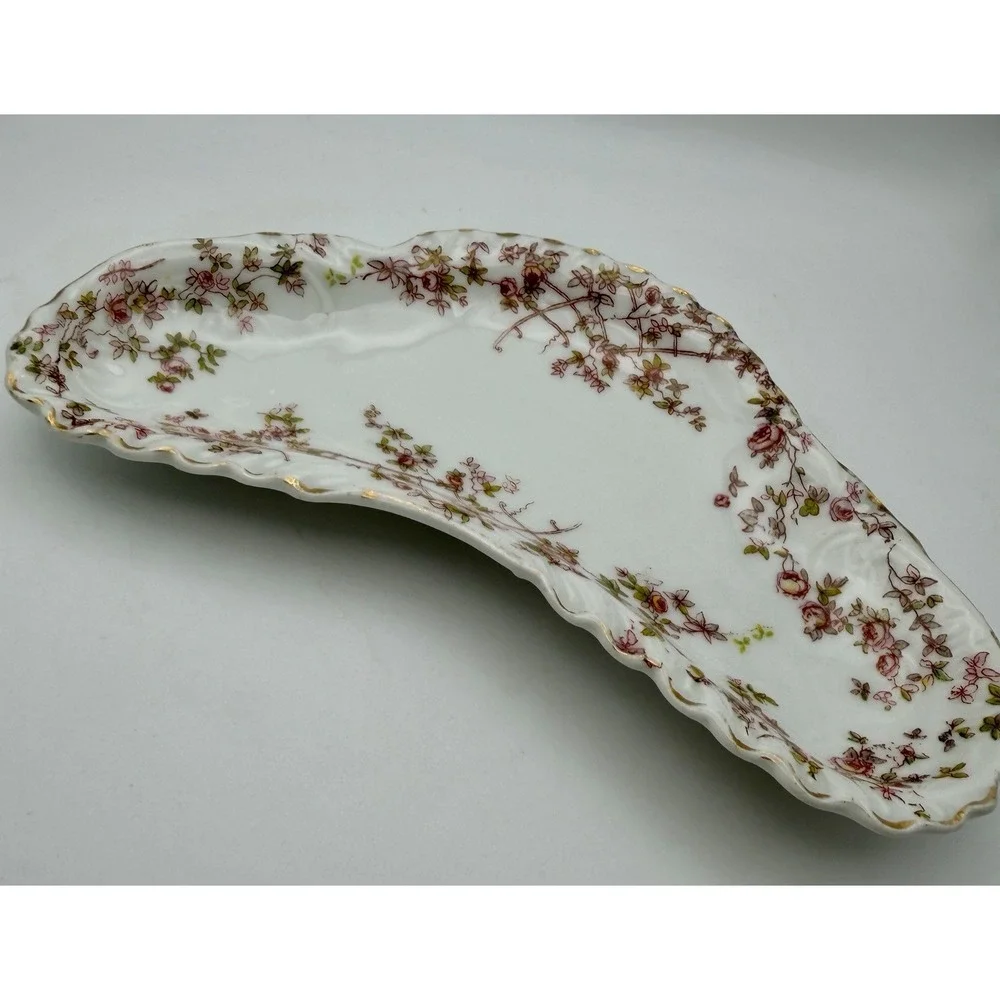 Antique Carlsbad Porcelain Bone Dish Crescent Rose Garlands Trellis Gold Trim 7